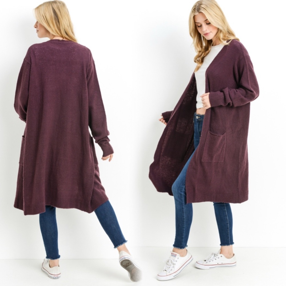 Women's Long Cardigan Sweater in Wine - Picture 2 of 5